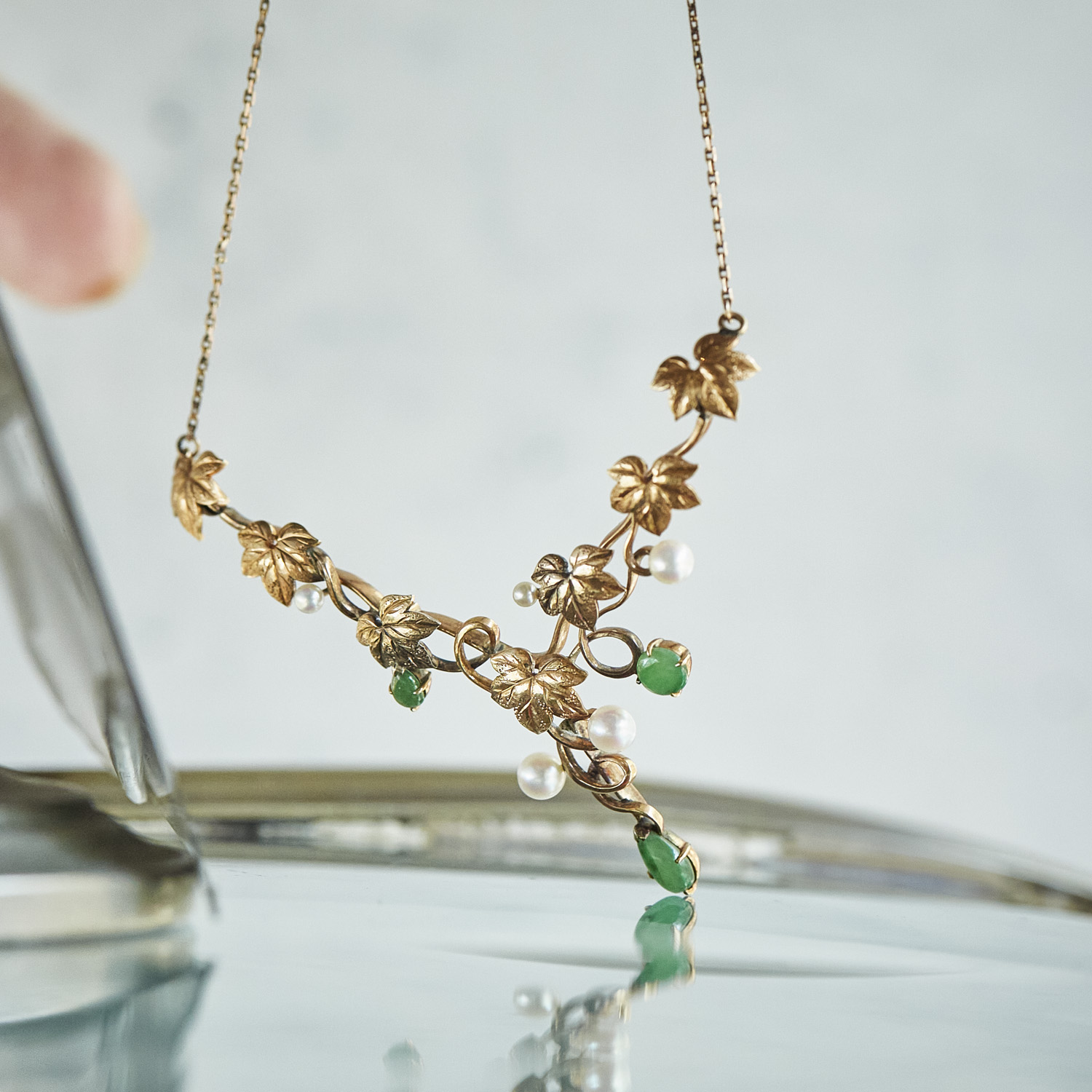 Jade Pearl Leaf Vintage necklace / AU2310-017